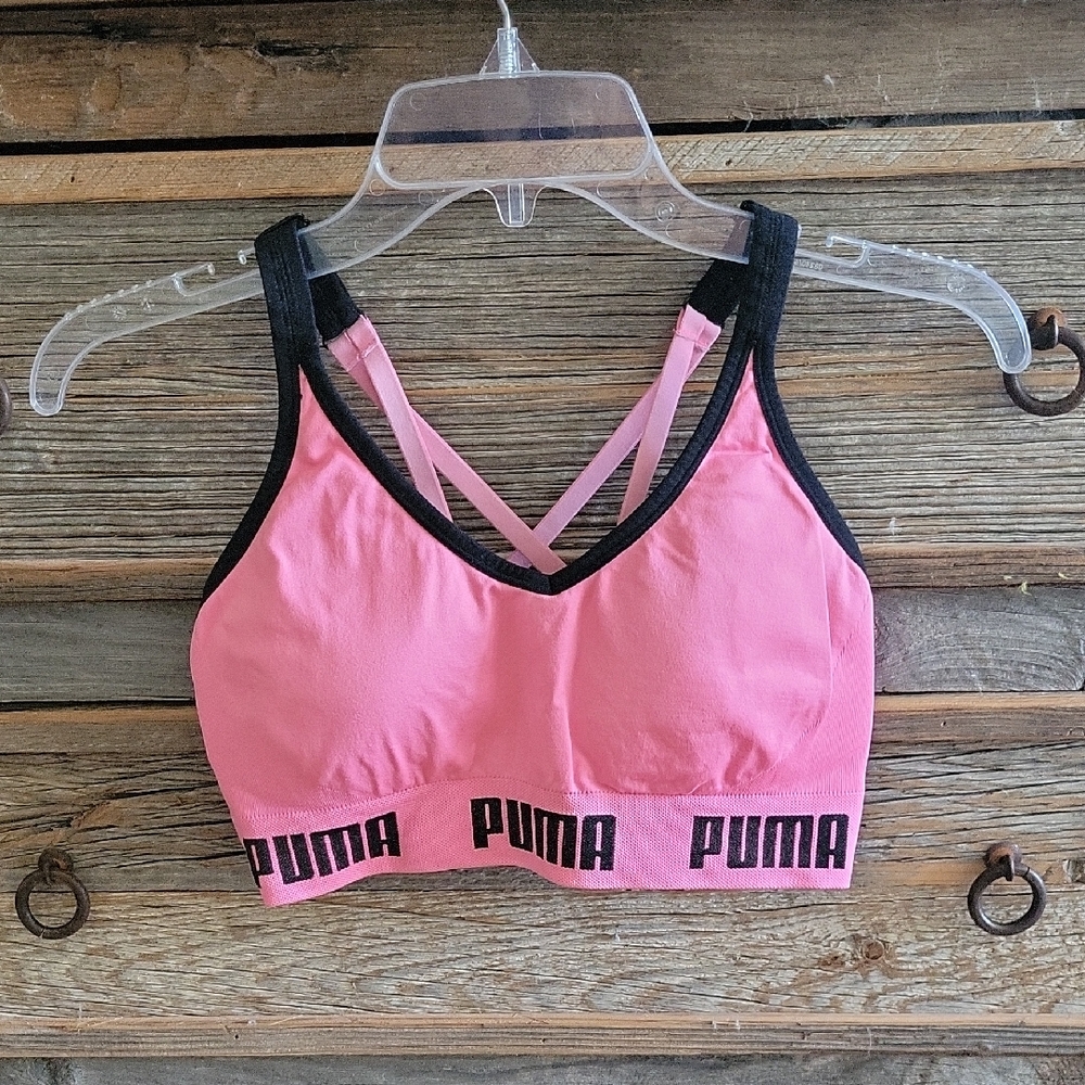 Puma Pink and Black Sports Bra with Moisture-Wicking Fabric